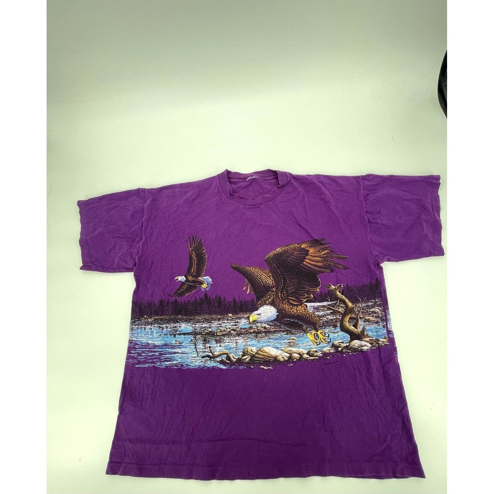 Vintage 90's Habitat Bald Eagle T-Shirt Men XL Purple Graphic Print Casual Retro